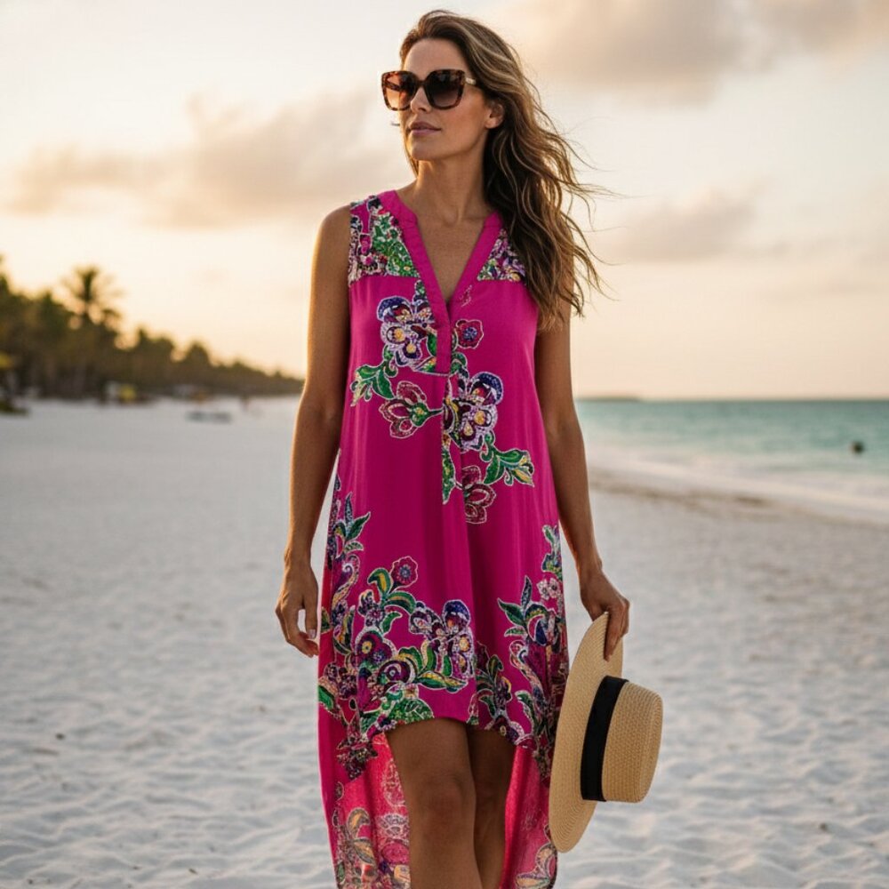 CUPIO Floral Sleeveless‎ High-Low Dress Shift Style Boho Beach Cover-up Large